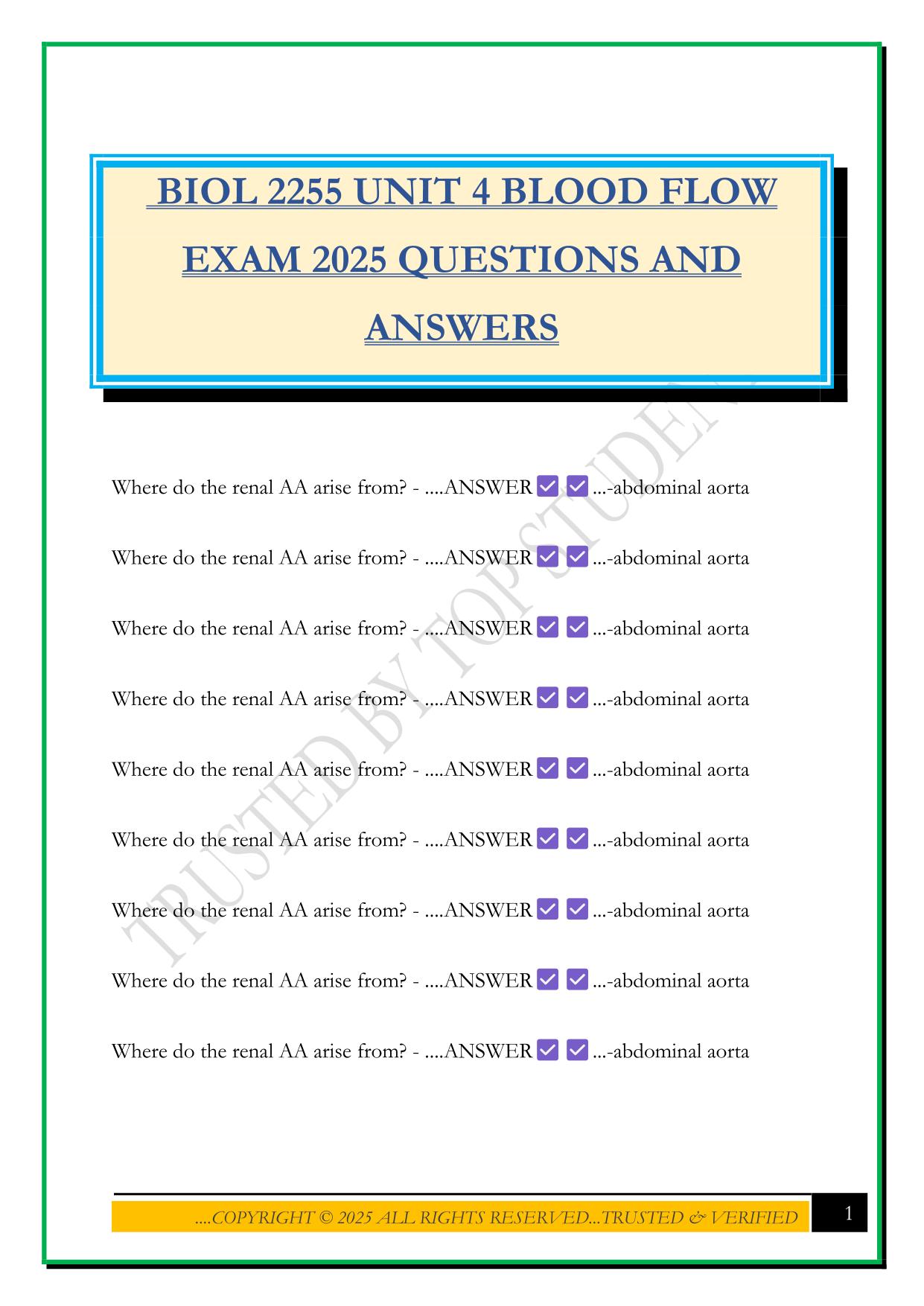 BIOL 2255 UNIT 4 BLOOD FLOW EXAM 2025 QUESTIONS AND ANSWERS