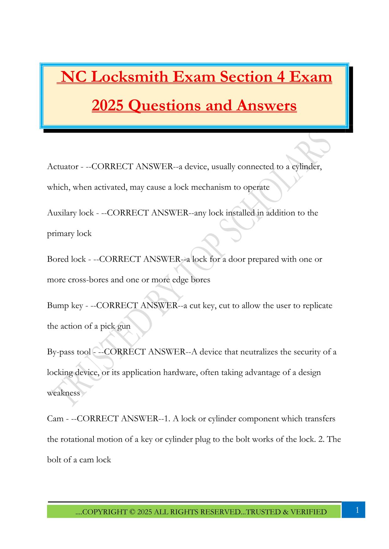 NC Locksmith Exam Section 4 Exam 2025 Questions and Answers