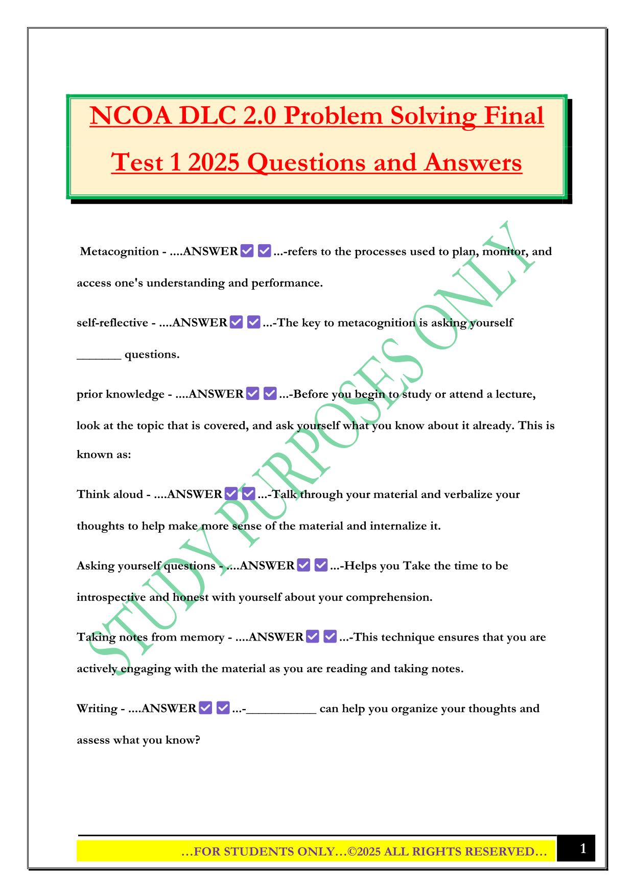 NCOA DLC 2.0 Problem Solving Final Test 1 2025 Questions and Answers