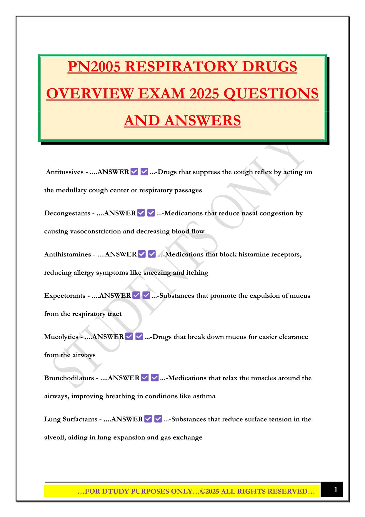 PN2005 RESPIRATORY DRUGS OVERVIEW EXAM 2025 QUESTIONS AND ANSWERS