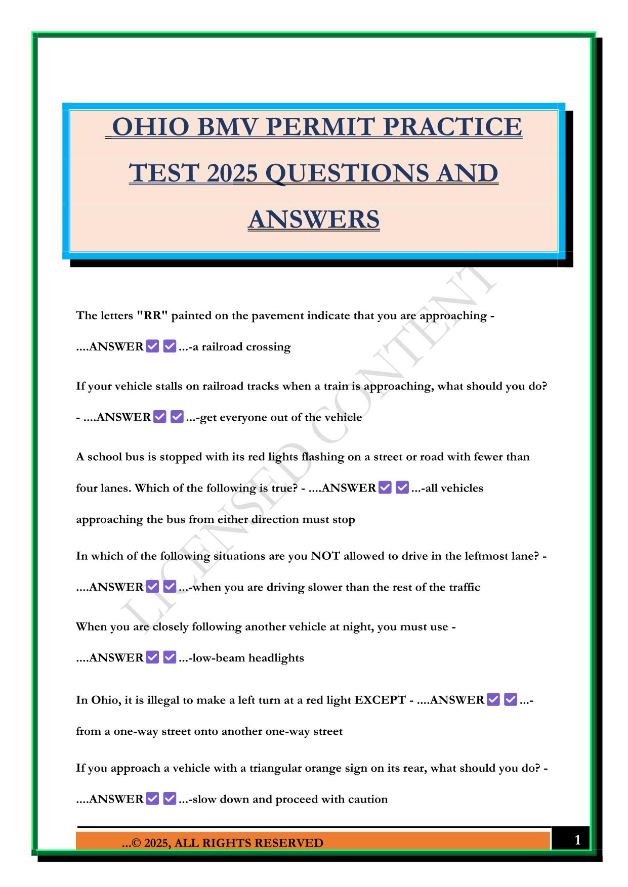 OHIO BMV PERMIT PRACTICE TEST 2025 QUESTIONS AND ANSWERS