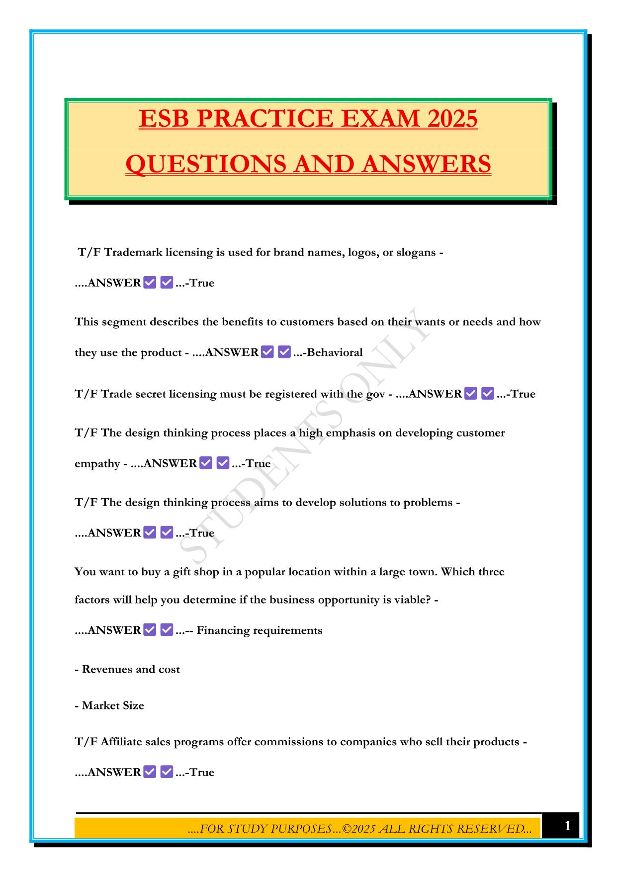 ESB PRACTICE EXAM 2025 QUESTIONS AND ANSWERS