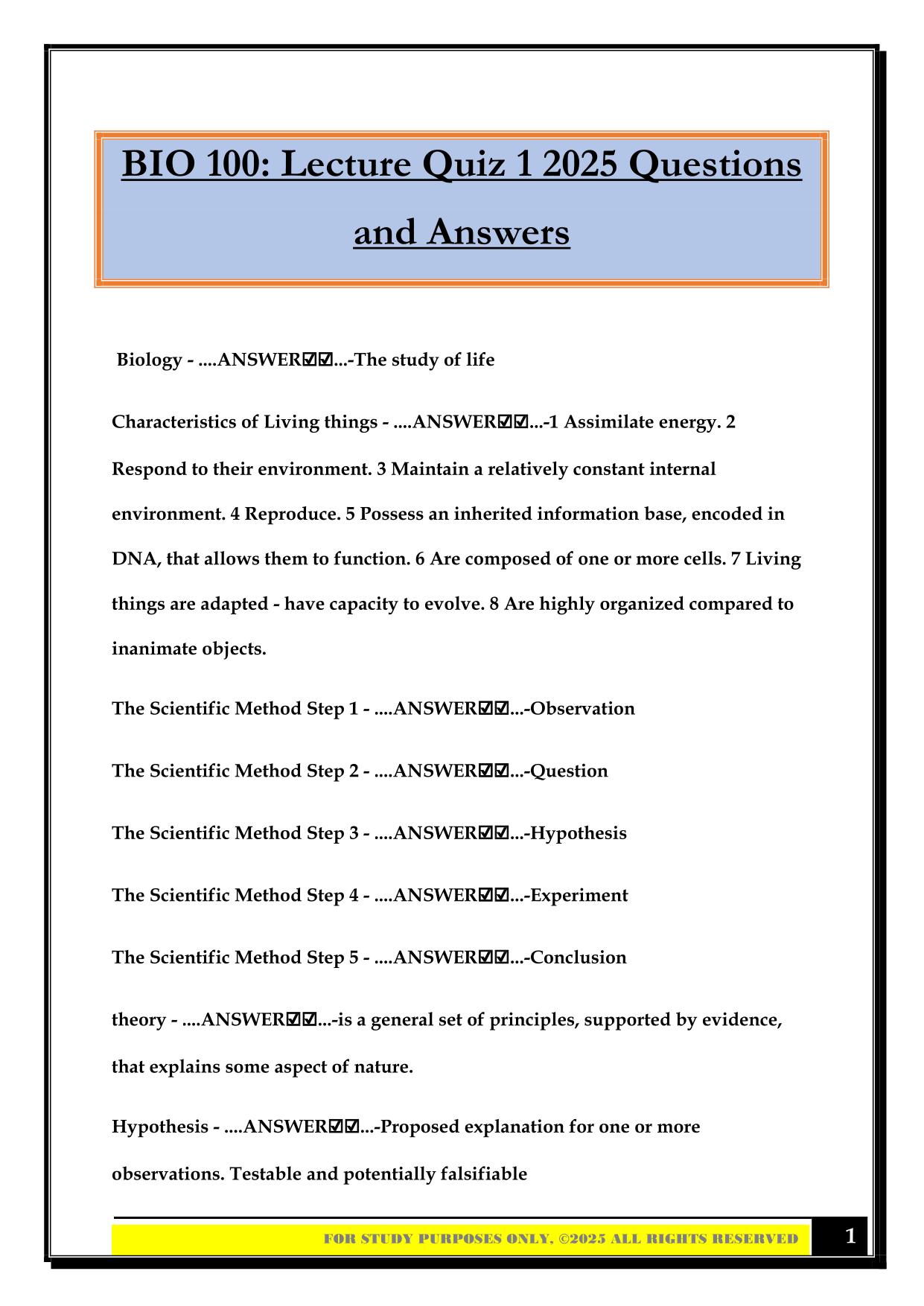 BIO 100: Lecture Quiz 1 2025 Questions and Answers