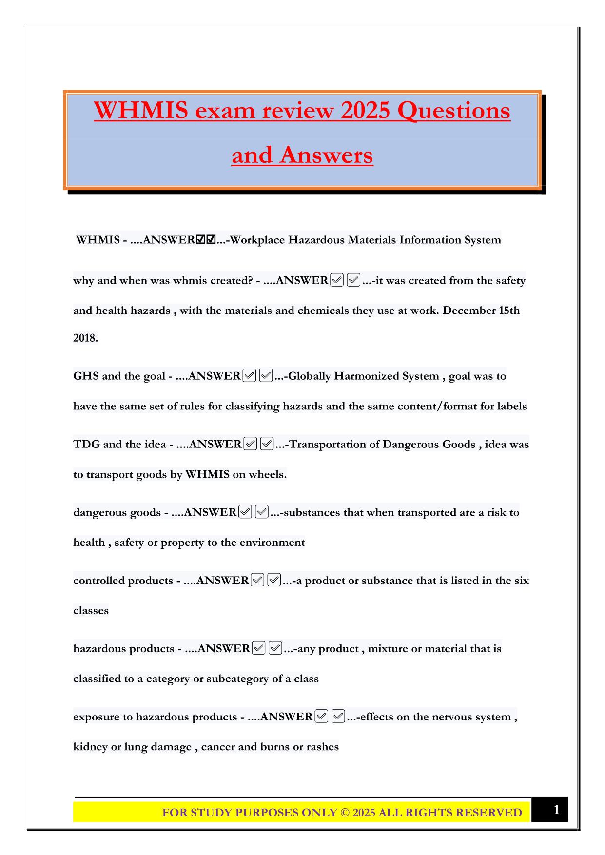 WHMIS exam review 2025 Questions and Answers