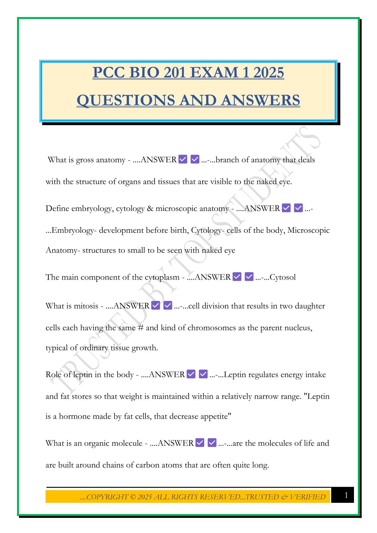 PCC BIO 201 EXAM 1 2025 QUESTIONS AND ANSWERS