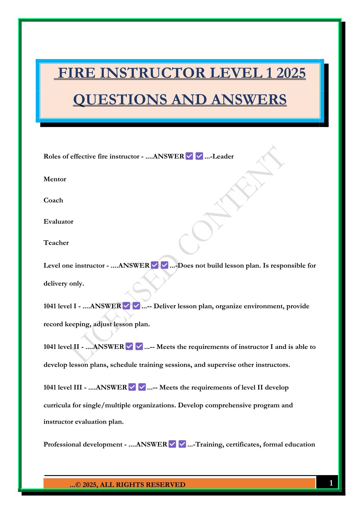 FIRE INSTRUCTOR LEVEL 1 2025 QUESTIONS AND ANSWERS