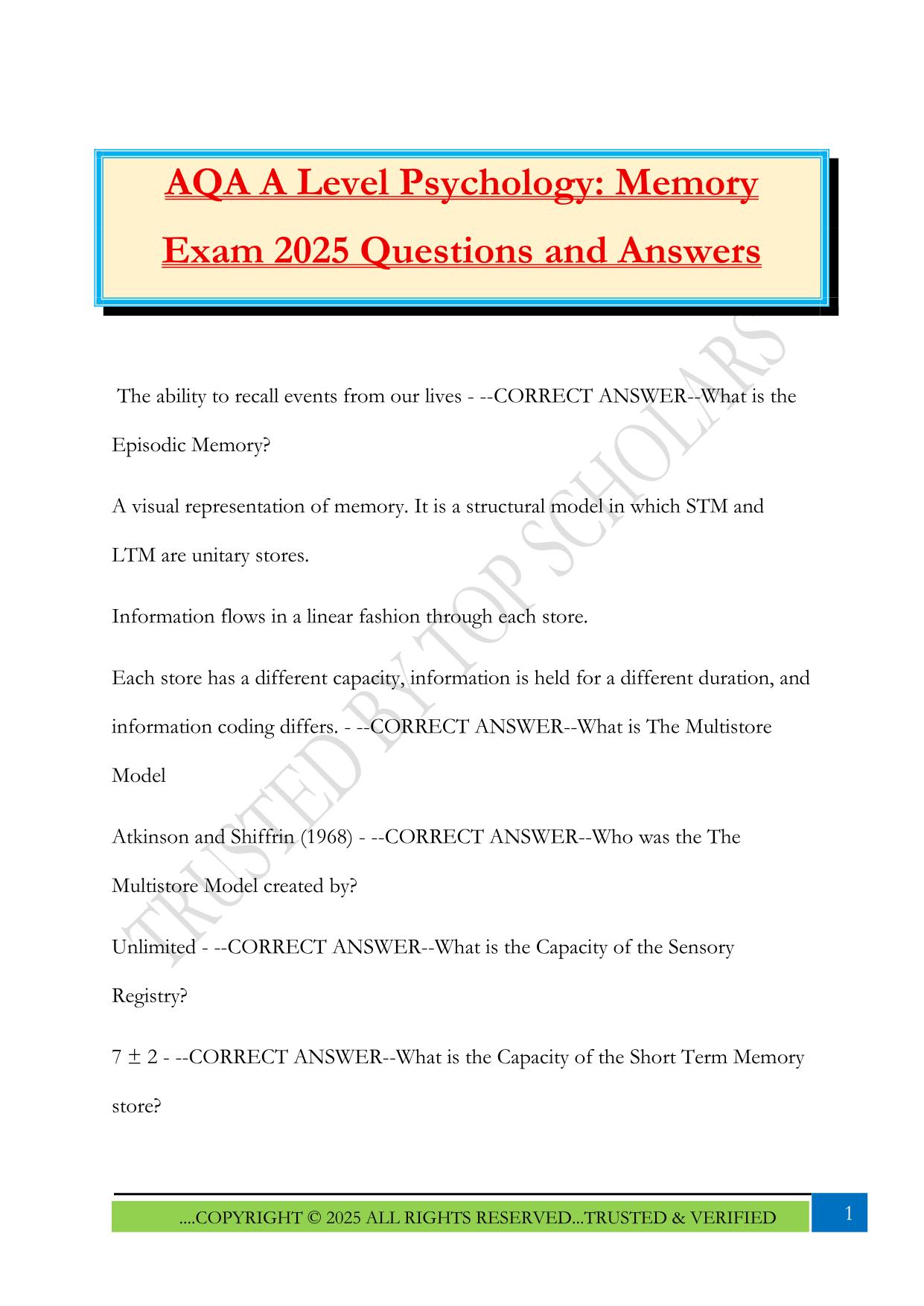 AQA A Level Psychology: Memory Exam 2025 Questions and Answers