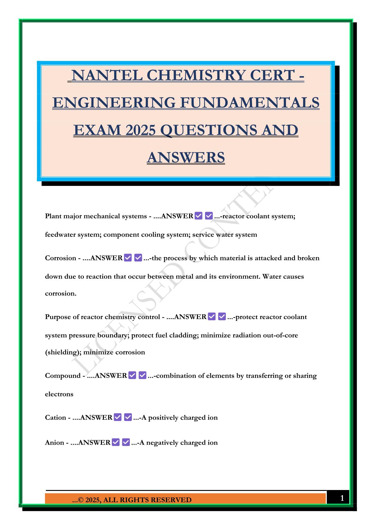 NANTEL CHEMISTRY CERT - ENGINEERING FUNDAMENTALS EXAM 2025 QUESTIONS AND ANSWERS