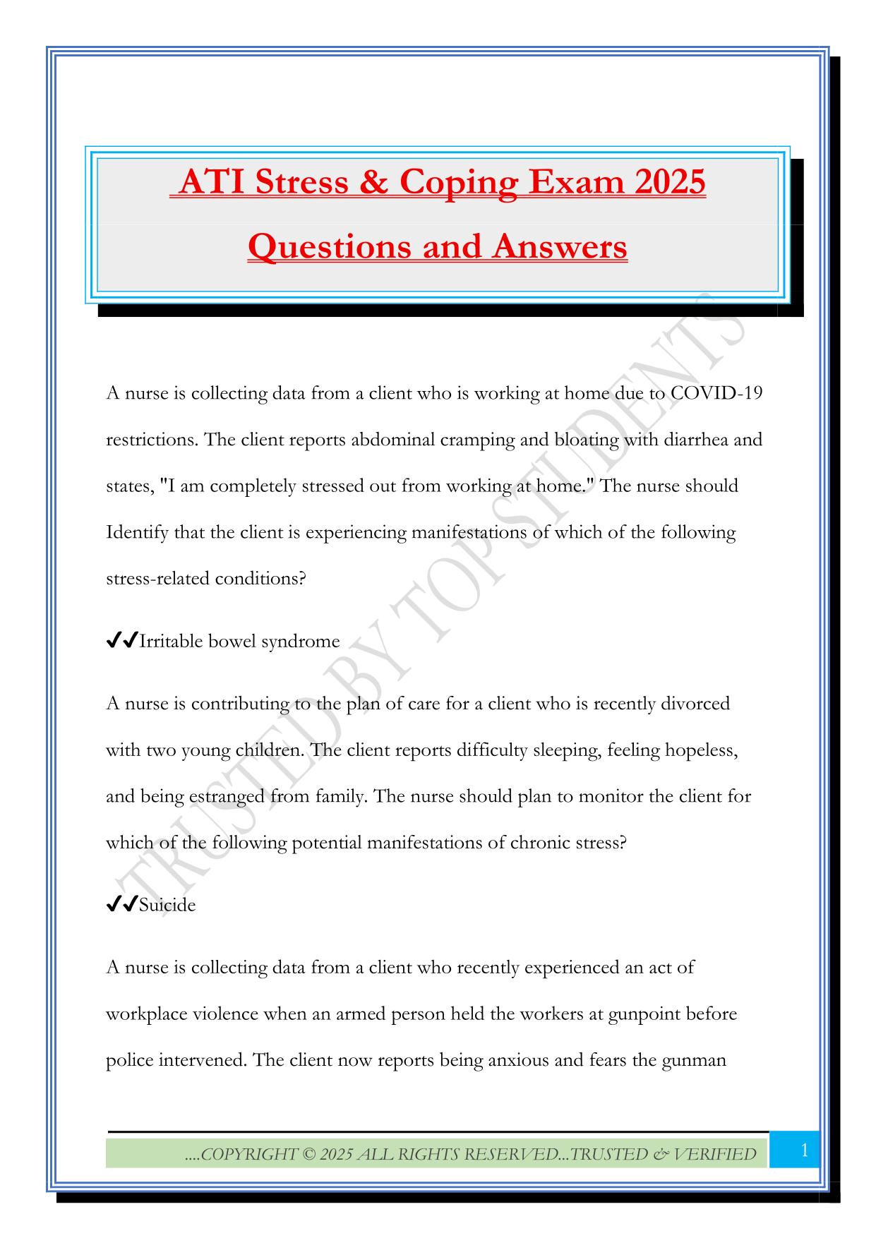 ATI Stress & Coping Exam 2025 Questions and Answers