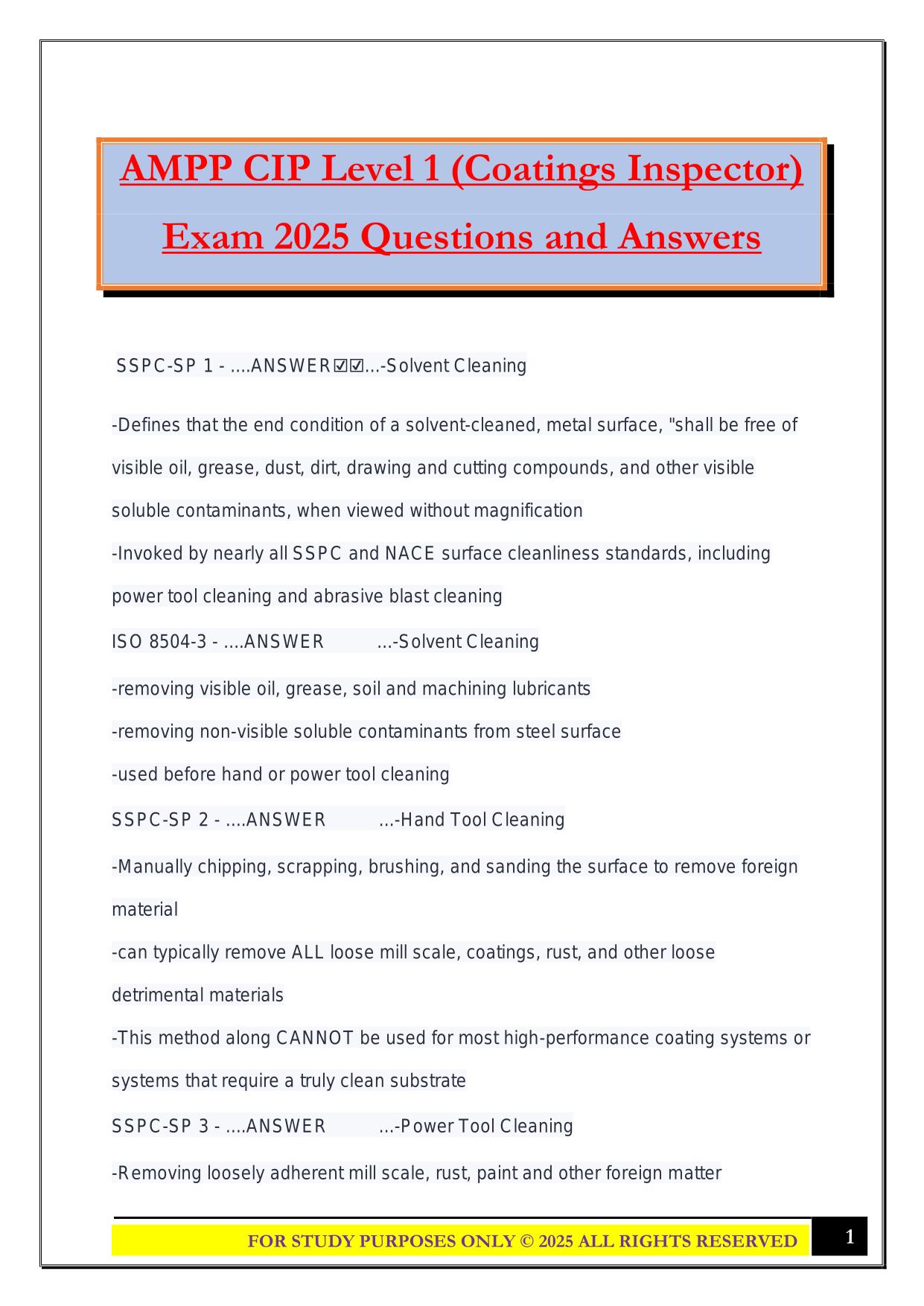 AMPP CIP Level 1 (Coatings Inspector) Exam 2025 Questions and Answers