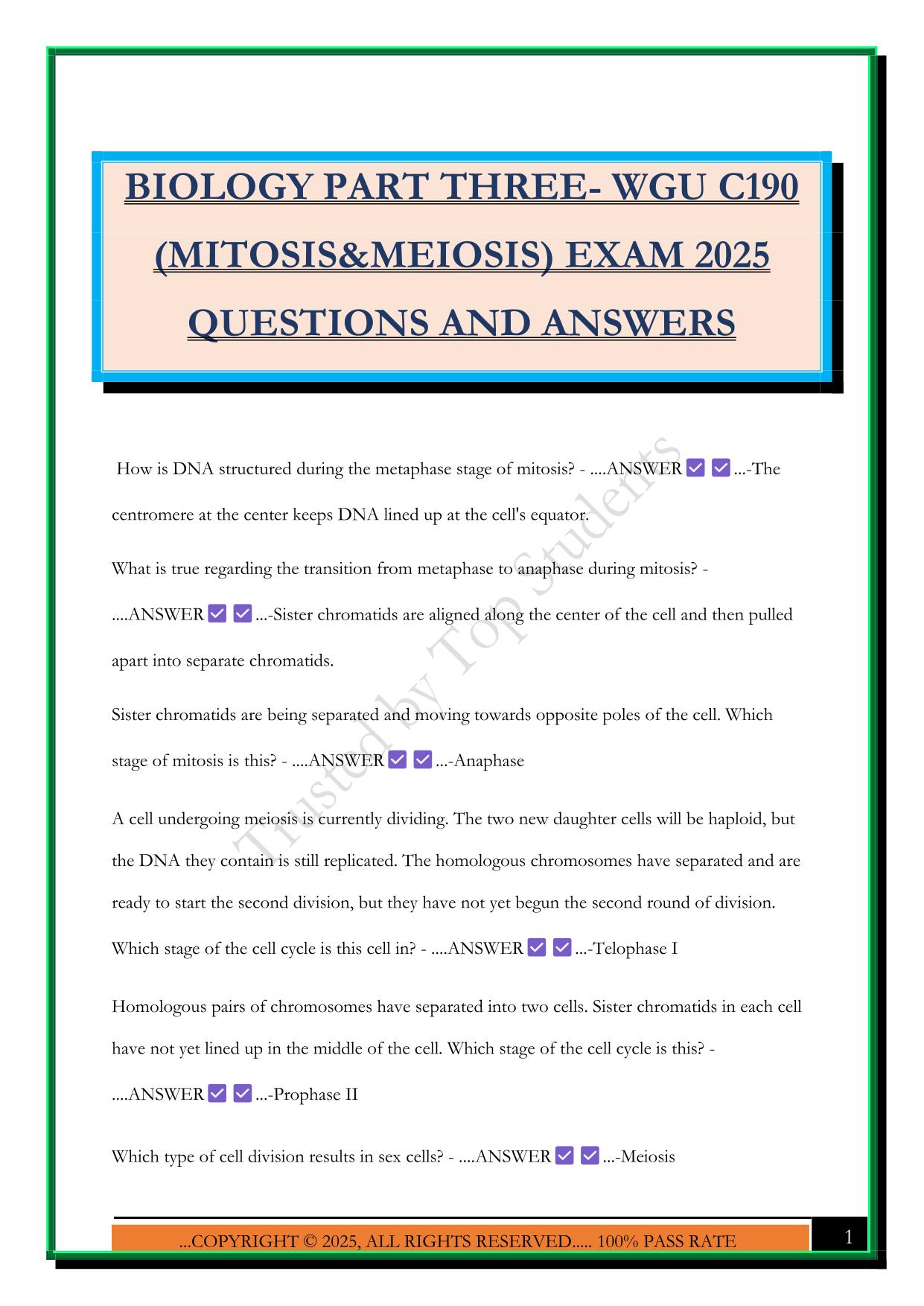 BIOLOGY PART THREE- WGU C190 (MITOSIS&MEIOSIS) EXAM 2025 QUESTIONS AND ANSWERS