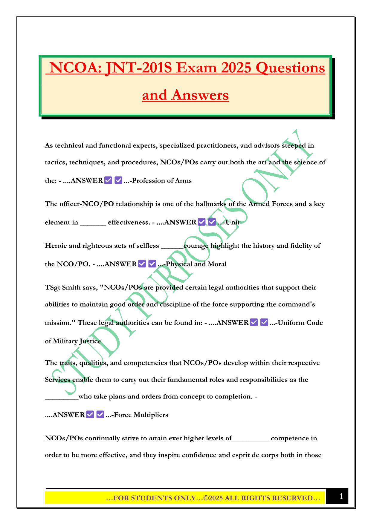 NCOA: JNT-201S Exam 2025 Questions and Answers