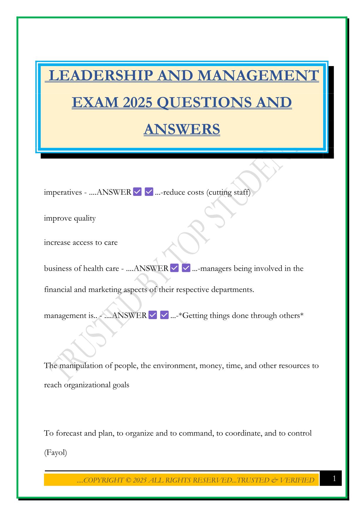 NURSING LEADERSHIP Bundled Exams Questions and Answers 100% Pass|Updated and Verified