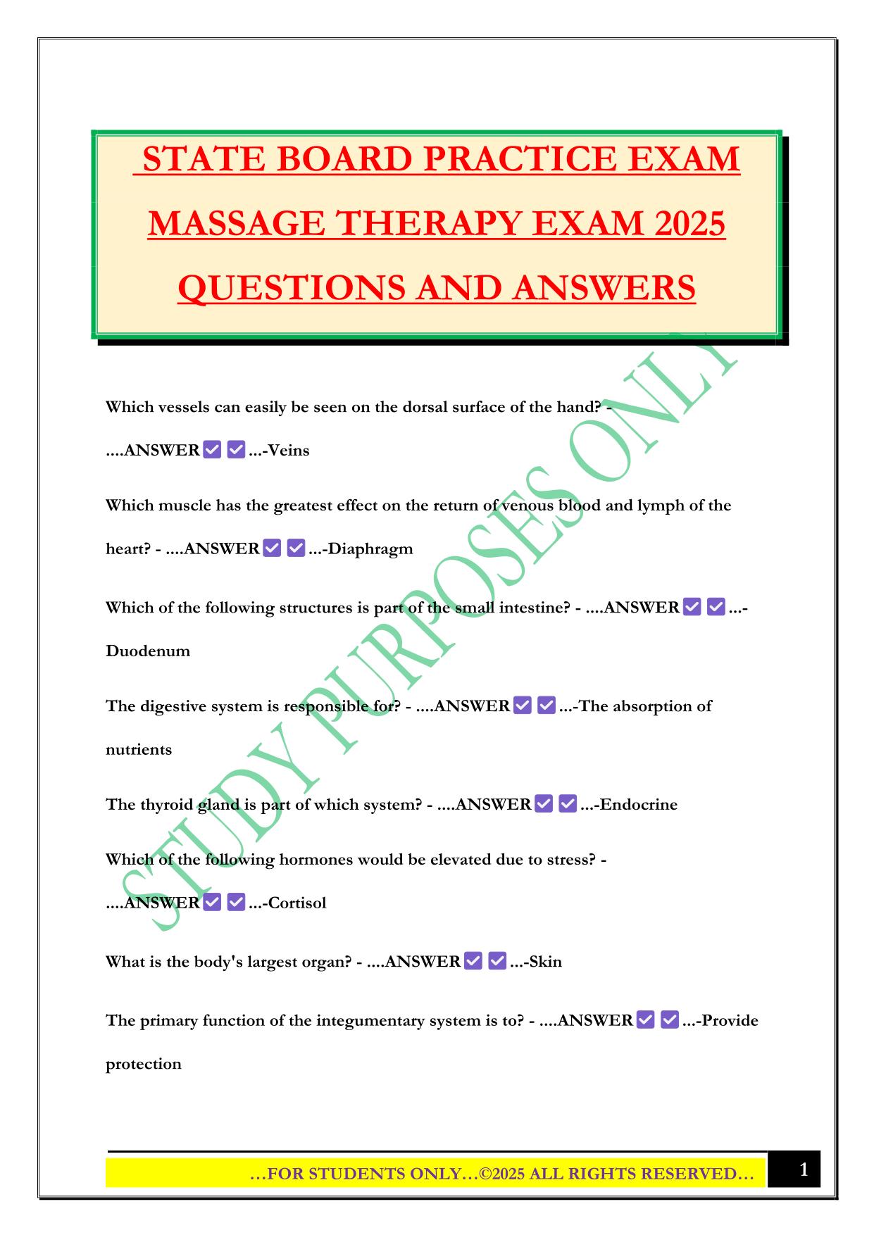 STATE BOARD PRACTICE EXAM MASSAGE THERAPY EXAM 2025 QUESTIONS AND ANSWERS