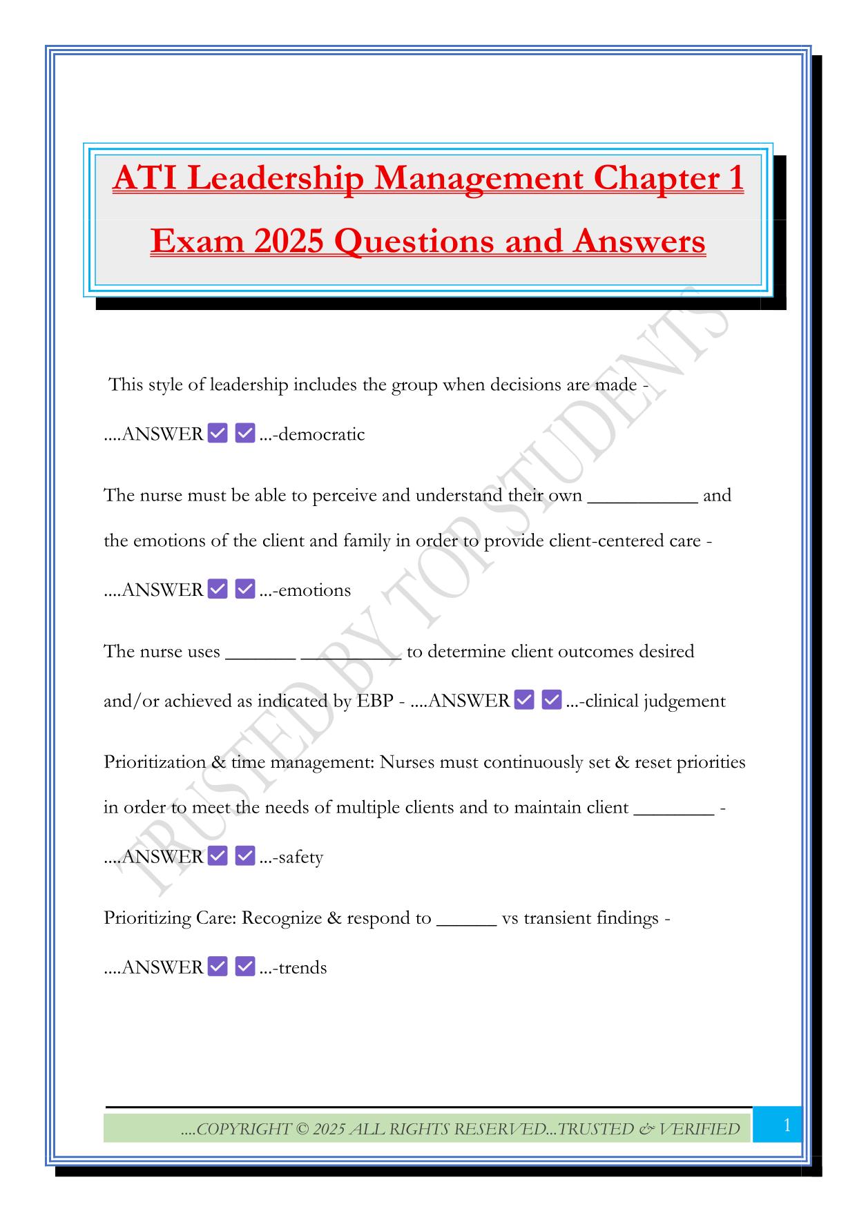 ATI Leadership Management Chapter 1 Exam 2025 Questions and Answers