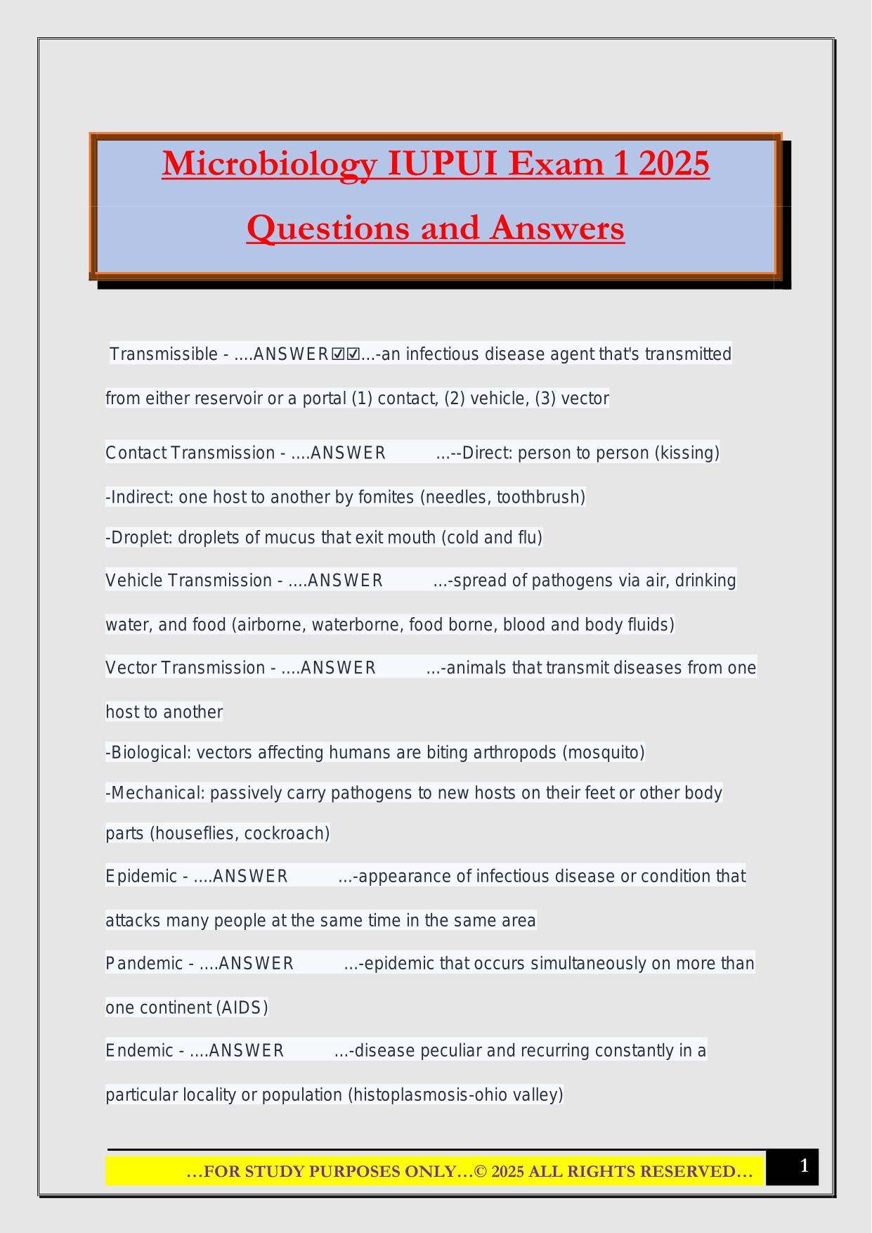 Microbiology IUPUI Exam 1 2025 Questions and Answers