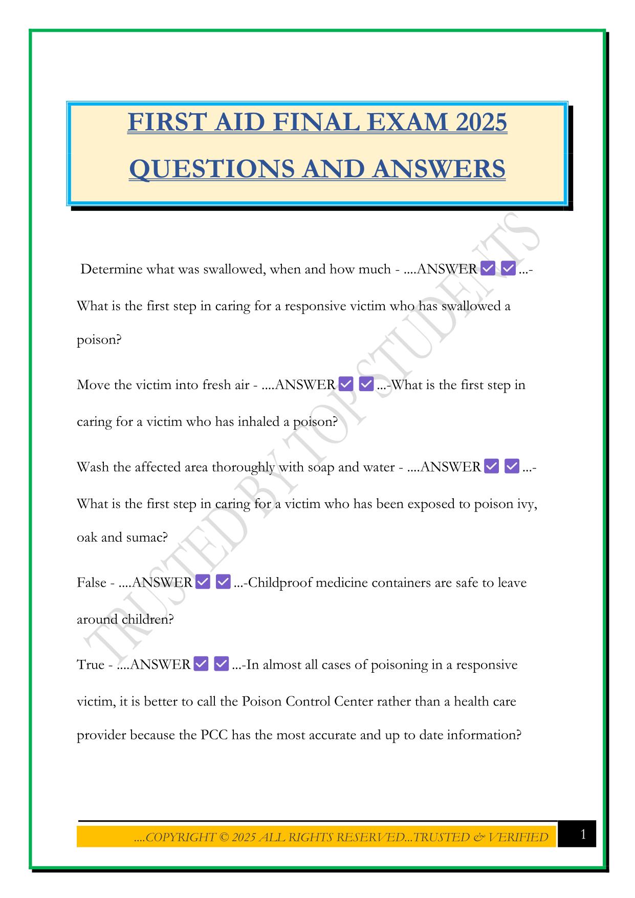 FIRST AID FINAL EXAM 2025 QUESTIONS AND ANSWERS