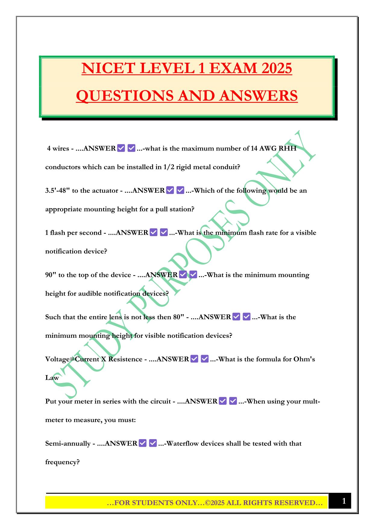 NICET LEVEL 1 EXAM 2025 QUESTIONS AND ANSWERS