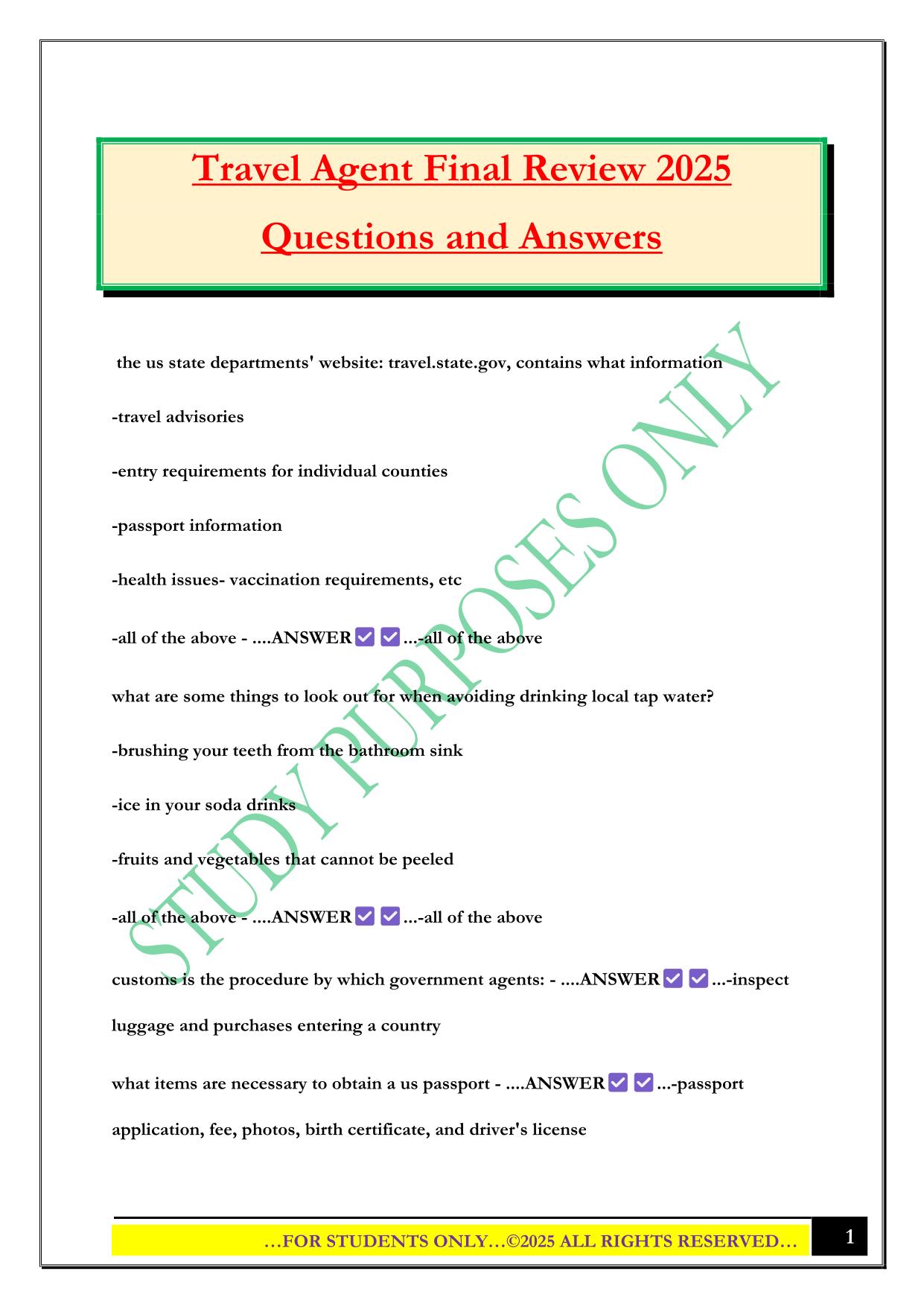 Travel Agent Final Review 2025 Questions and Answers