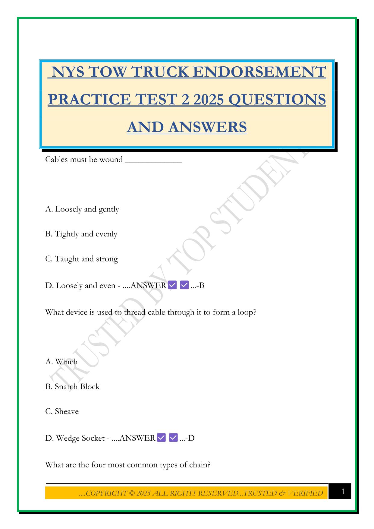 NYS TOW TRUCK ENDORSEMENT PRACTICE TEST 2 2025 QUESTIONS AND ANSWERS