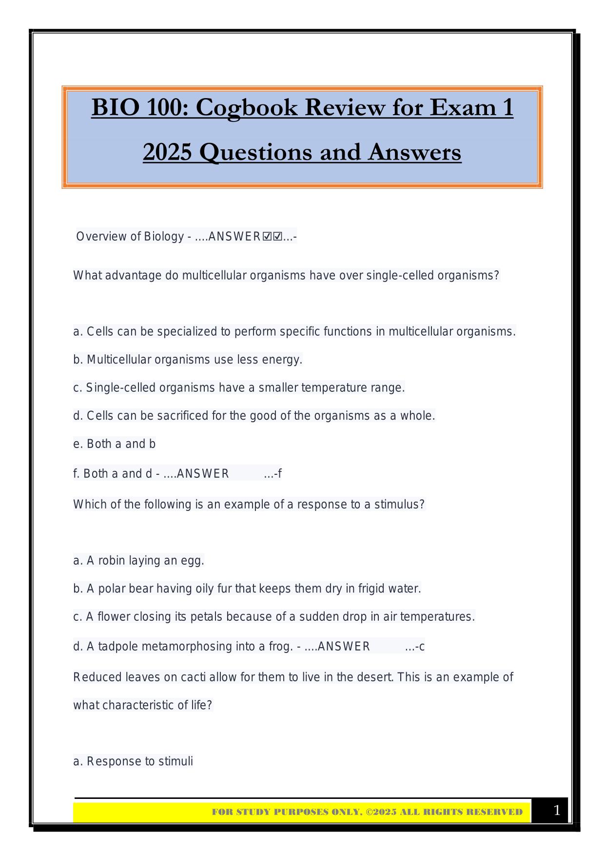 BIO 100: Cogbook Review for Exam 1 2025 Questions and Answers