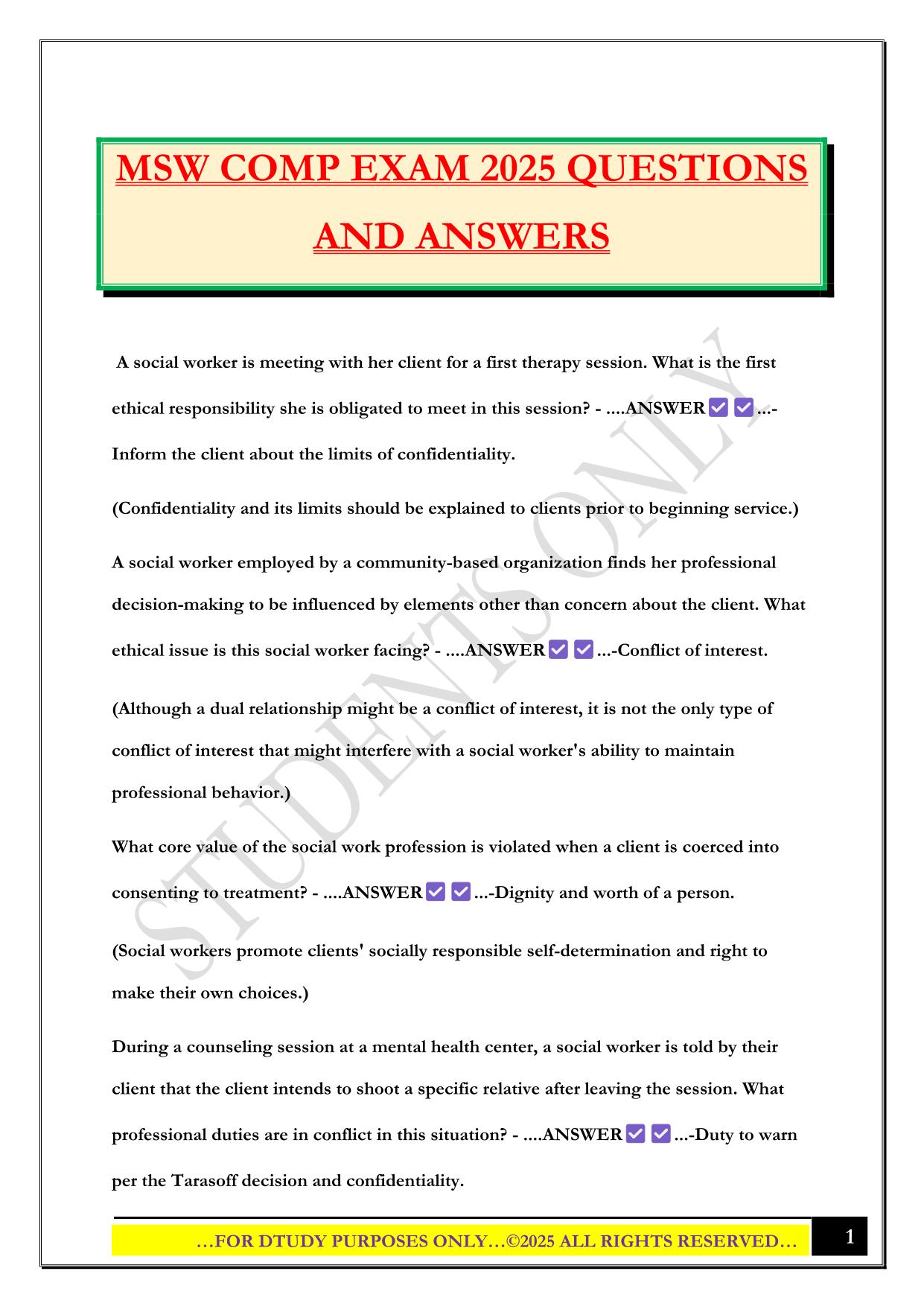 MSW COMP EXAM 2025 QUESTIONS AND ANSWERS