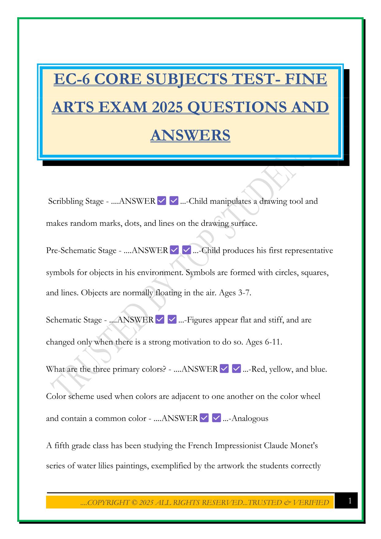 EC-6 CORE SUBJECTS TEST- FINE ARTS EXAM 2025 QUESTIONS AND ANSWERS