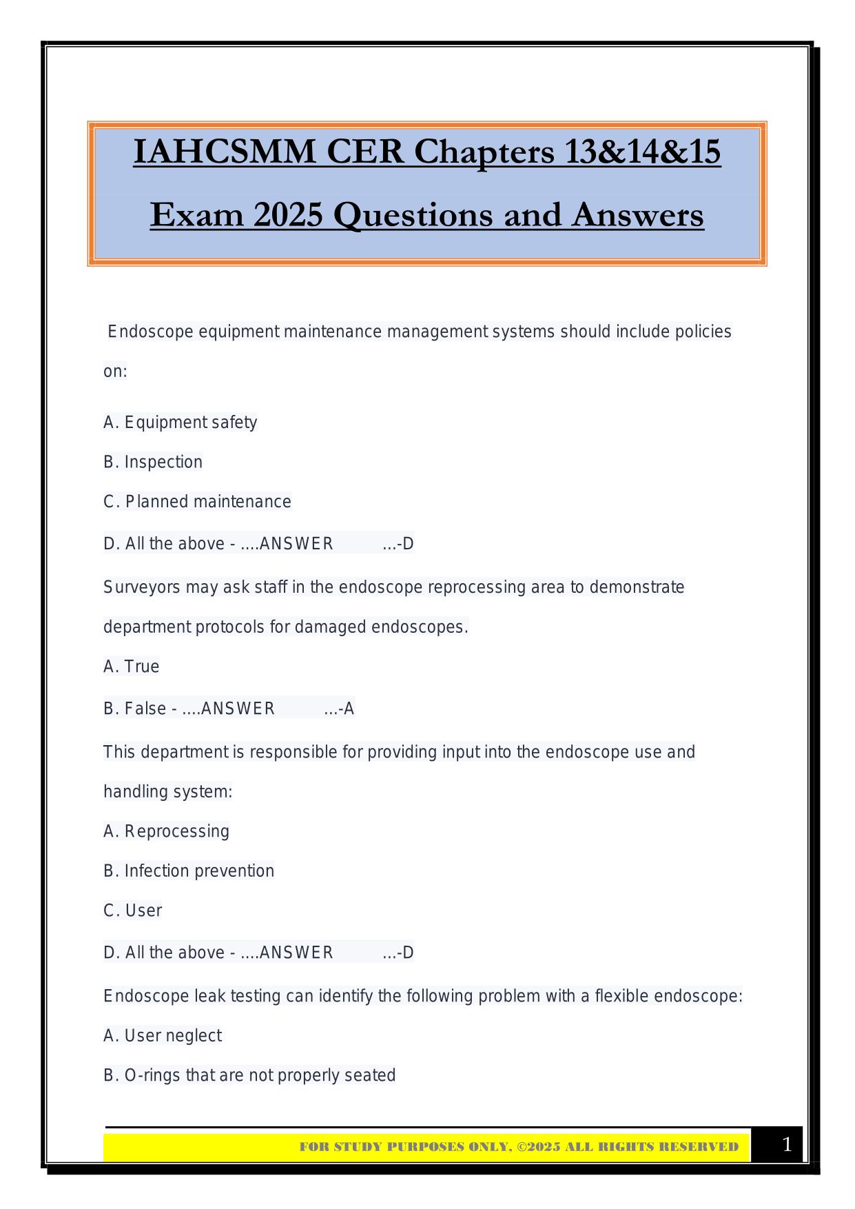 IAHCSMM CER Chapters 13&14&15 Exam 2025 Questions and Answers