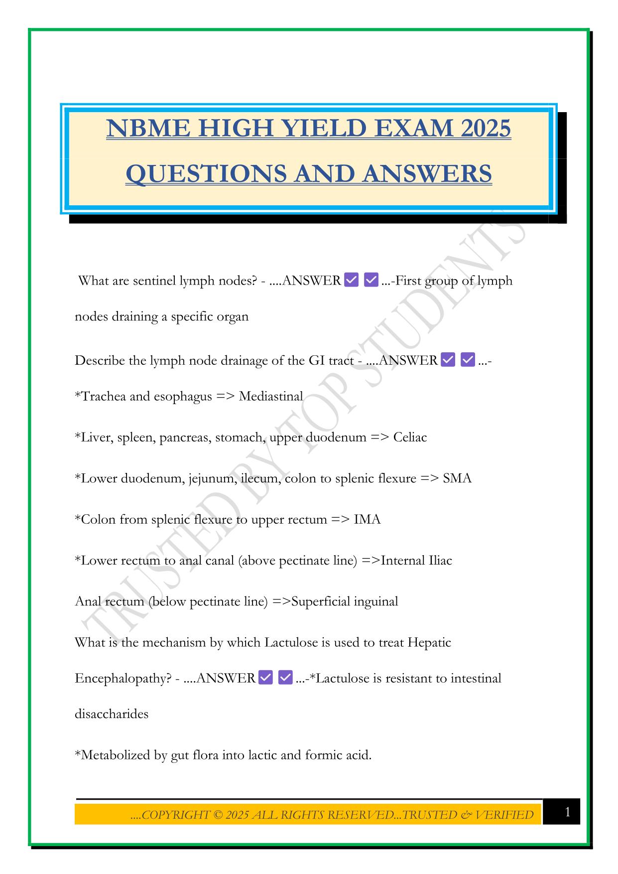 NBME HIGH YIELD EXAM 2025 QUESTIONS AND ANSWERS