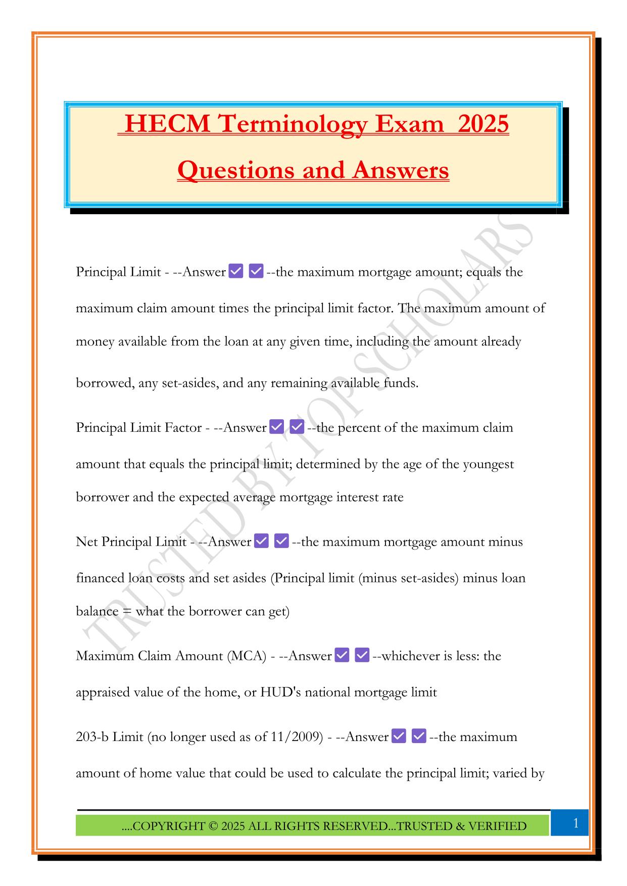 HECM Terminology Exam 2025 Questions and Answers