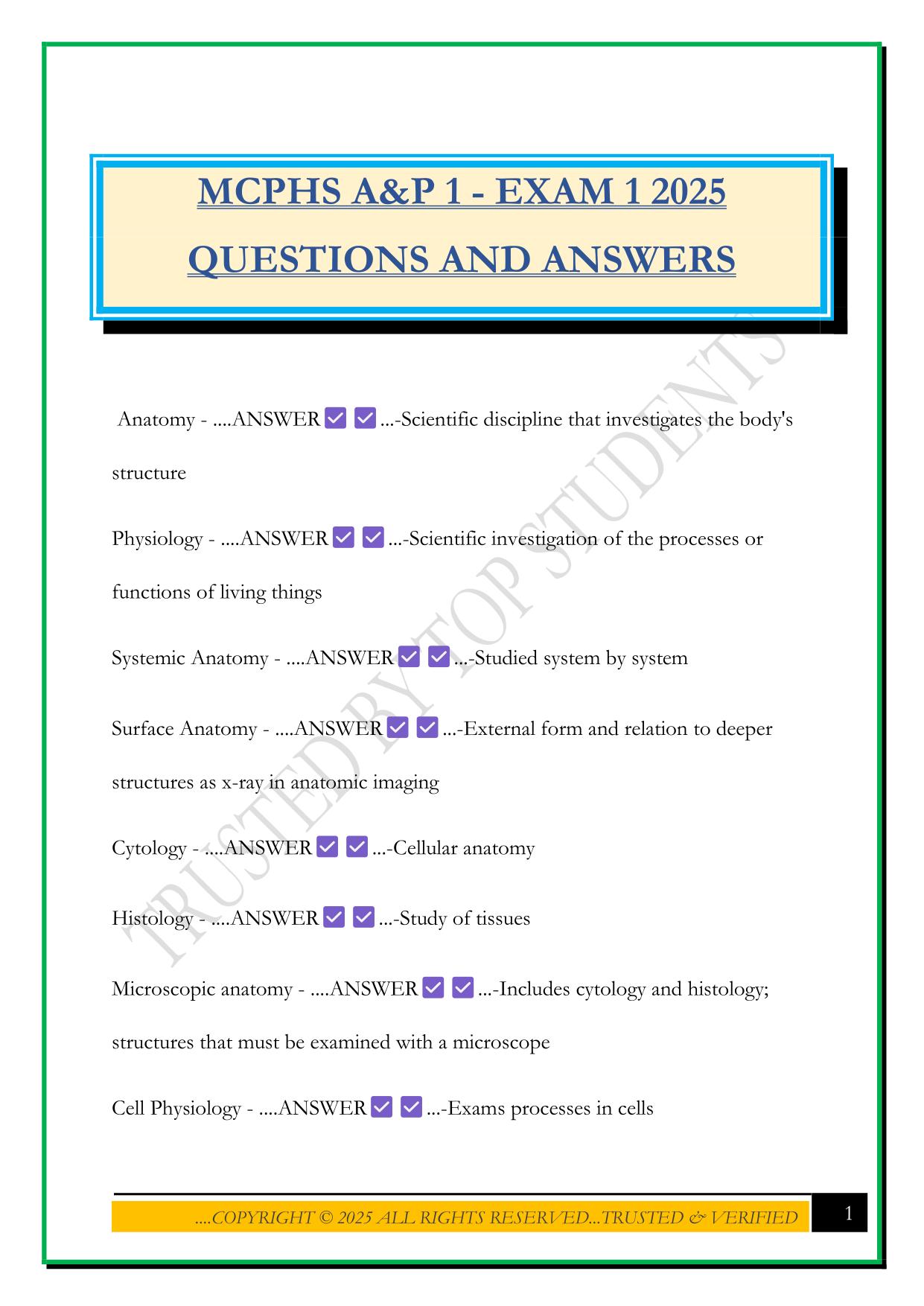 MCPHS A&P 1 - EXAM 1 2025 QUESTIONS AND ANSWERS