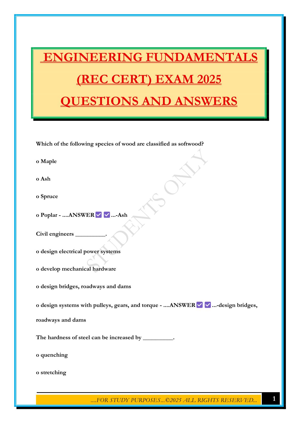 ENGINEERING FUNDAMENTALS (REC CERT) EXAM 2025 QUESTIONS AND ANSWERS