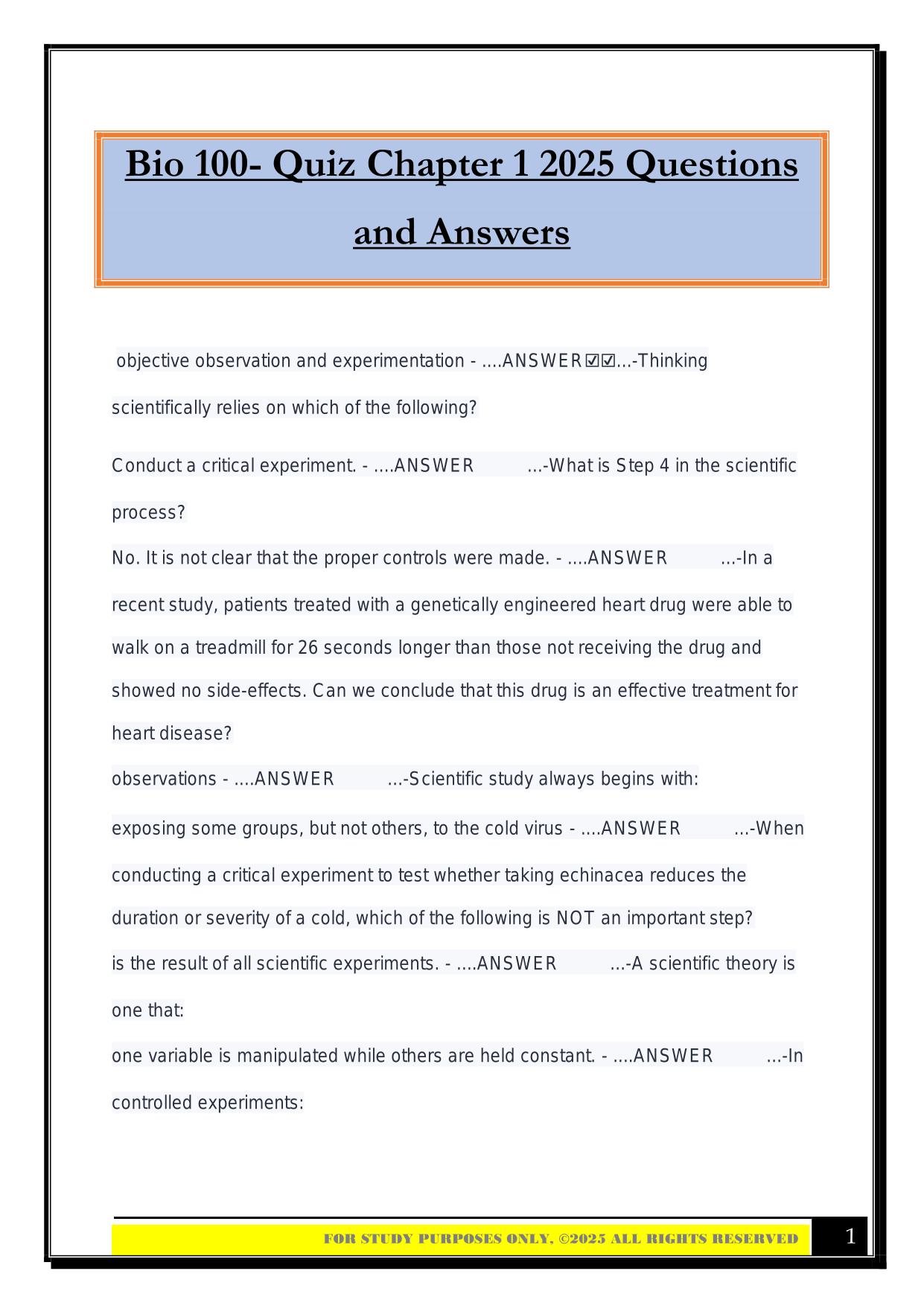 Bio 100- Quiz Chapter 1 2025 Questions and Answers