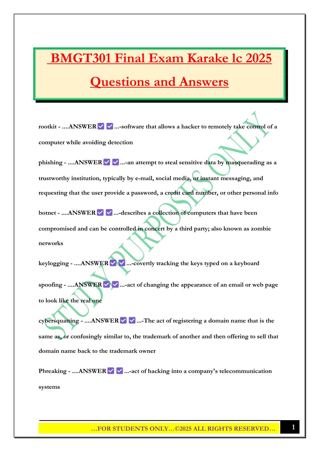 BMGT301 Final Exam Karake lc 2025 Questions and Answers