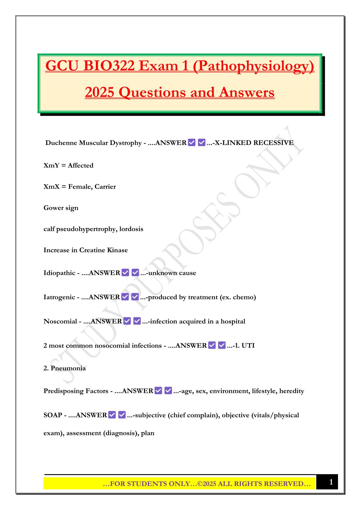 GCU BIO322 Exam 1 (Pathophysiology) 2025 Questions and Answers