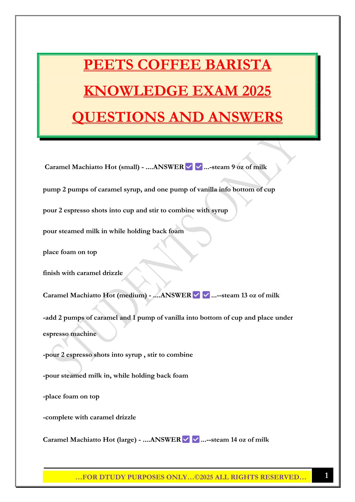 PEETS COFFEE BARISTA KNOWLEDGE EXAM 2025 QUESTIONS AND ANSWERS