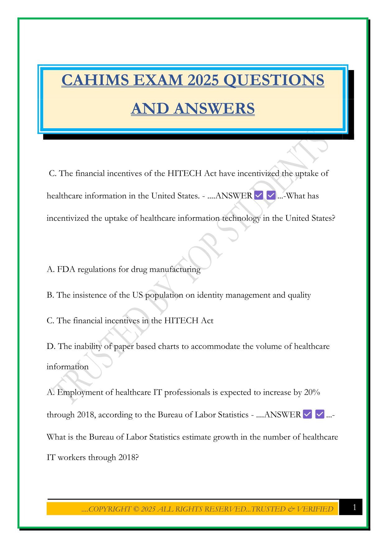 CAHIMS EXAM 2025 QUESTIONS AND ANSWERS