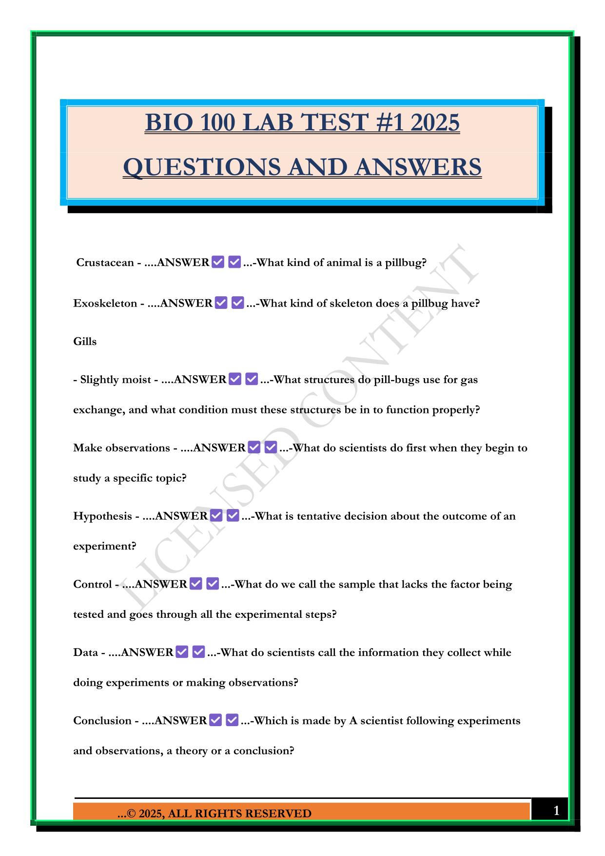 BIO 100 LAB TEST #1 2025 QUESTIONS AND ANSWERS