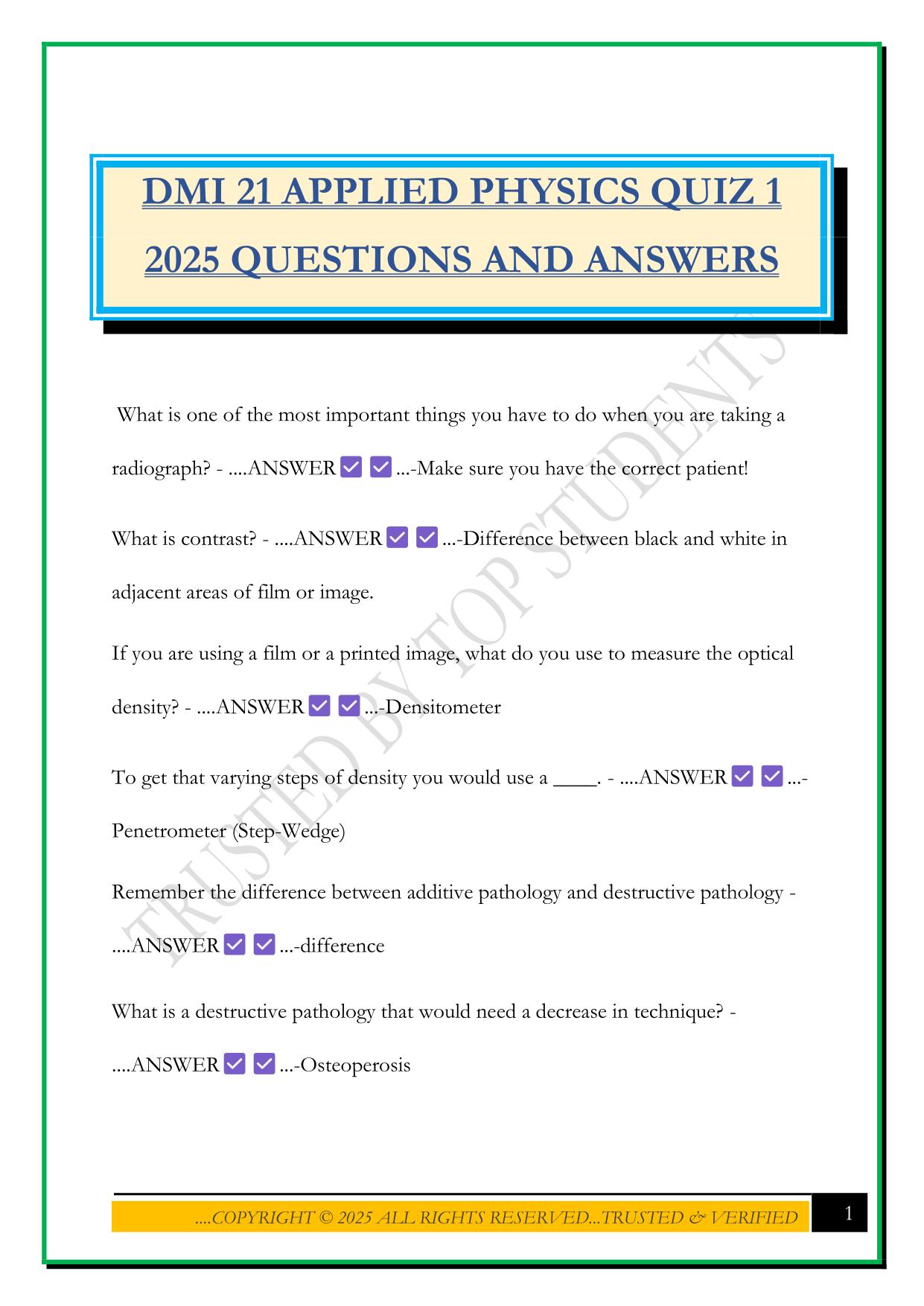 DMI 21 APPLIED PHYSICS QUIZ 1 2025 QUESTIONS AND ANSWERS