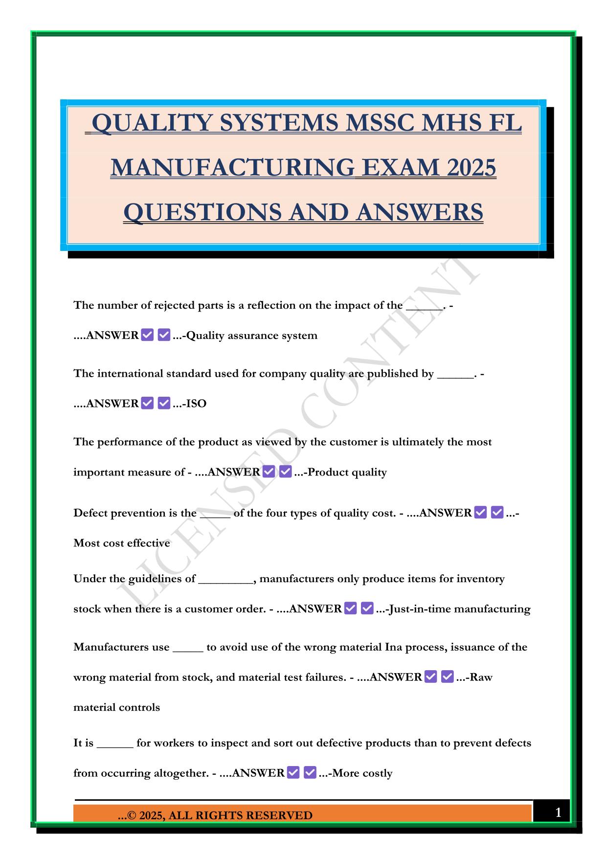 QUALITY SYSTEMS MSSC MHS FL MANUFACTURING EXAM 2025 QUESTIONS AND ANSWERS
