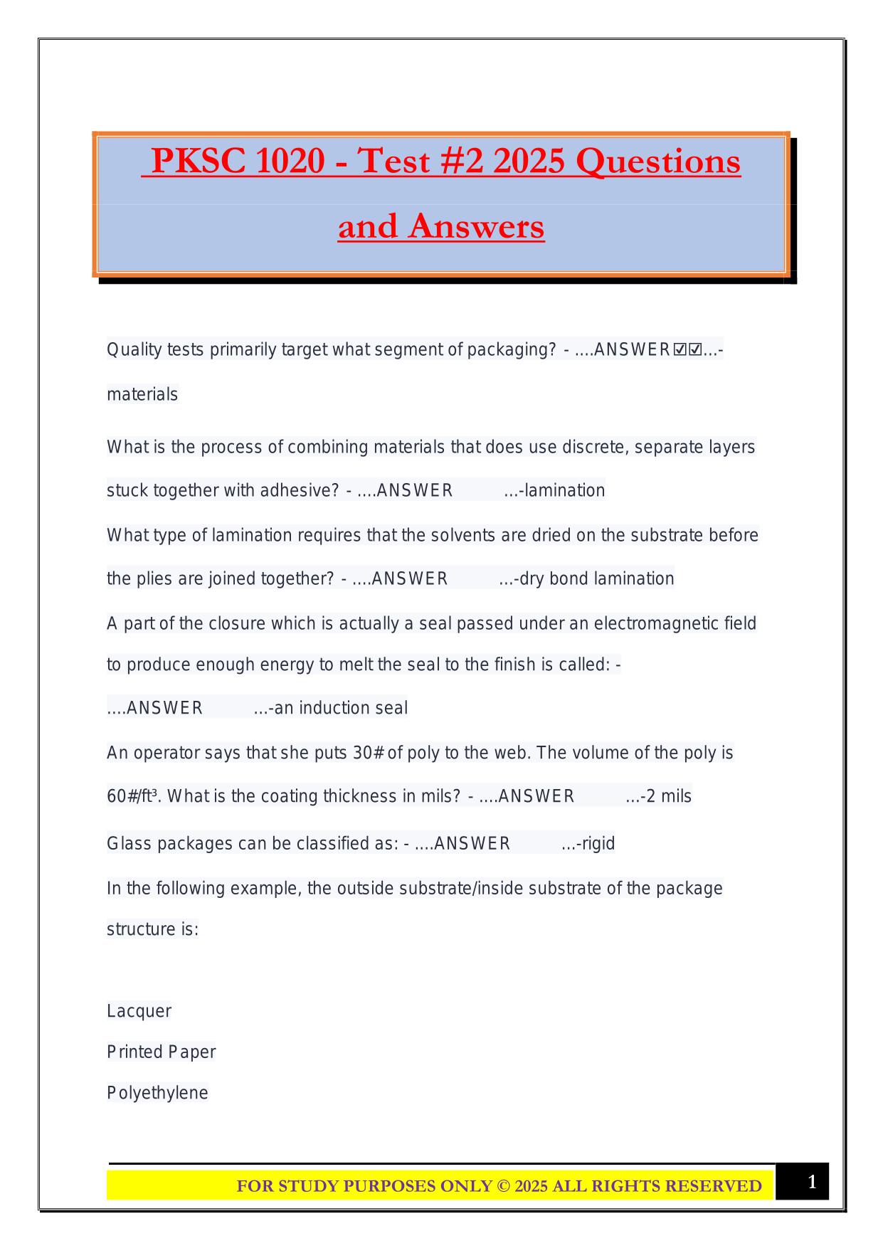 PKSC 1020 - Test #2 2025 Questions and Answers