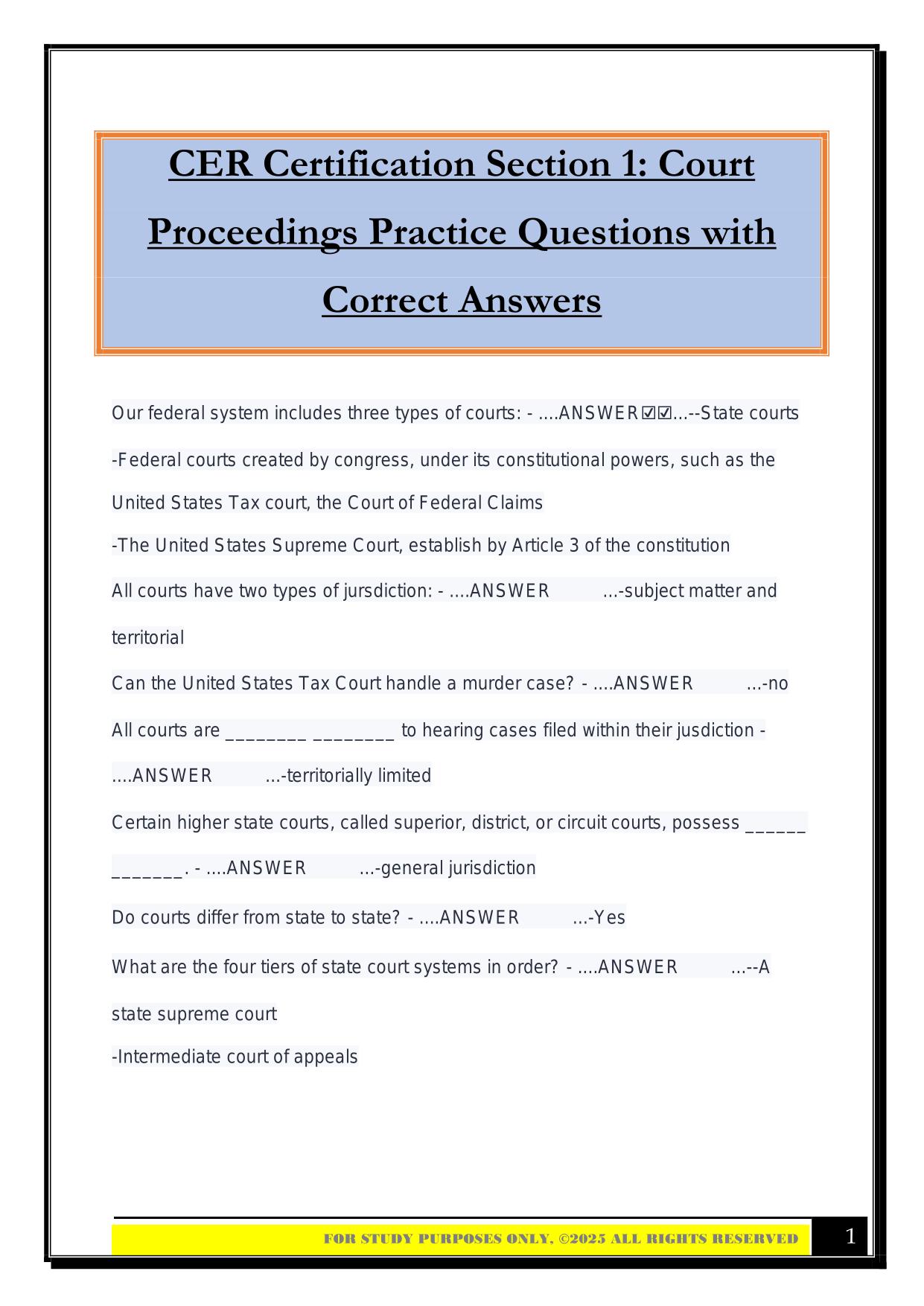 CER Certification Section 1: Court Proceedings Practice Questions with Correct Answers