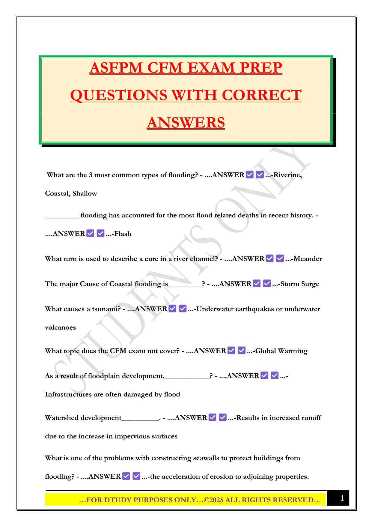 ASFPM CFM EXAM PREP QUESTIONS WITH CORRECT ANSWERS