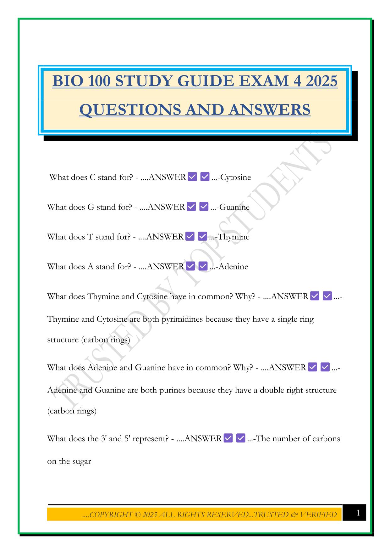 BIO 100 STUDY GUIDE EXAM 4 2025 QUESTIONS AND ANSWERS