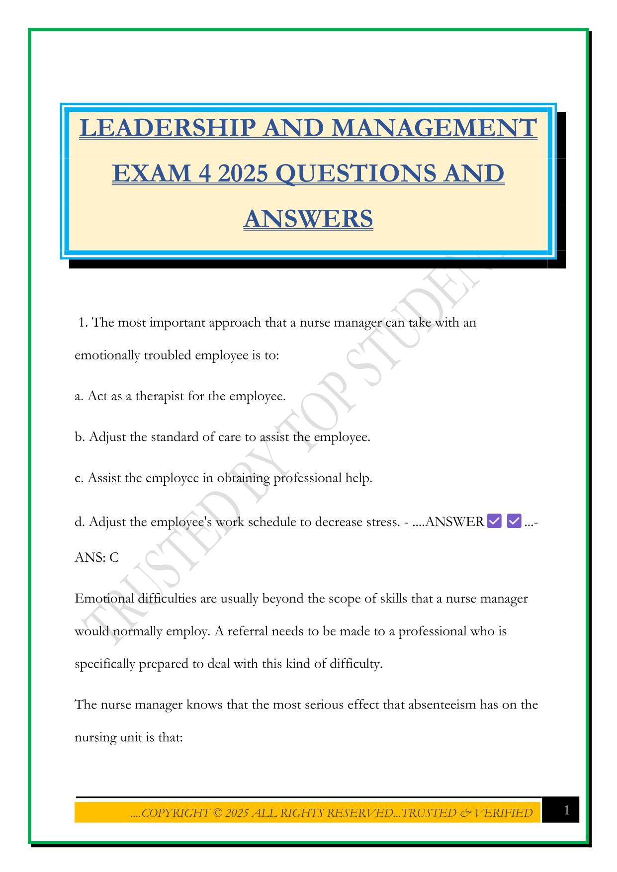 LEADERSHIP AND MANAGEMENT EXAM 4 2025 QUESTIONS AND ANSWERS