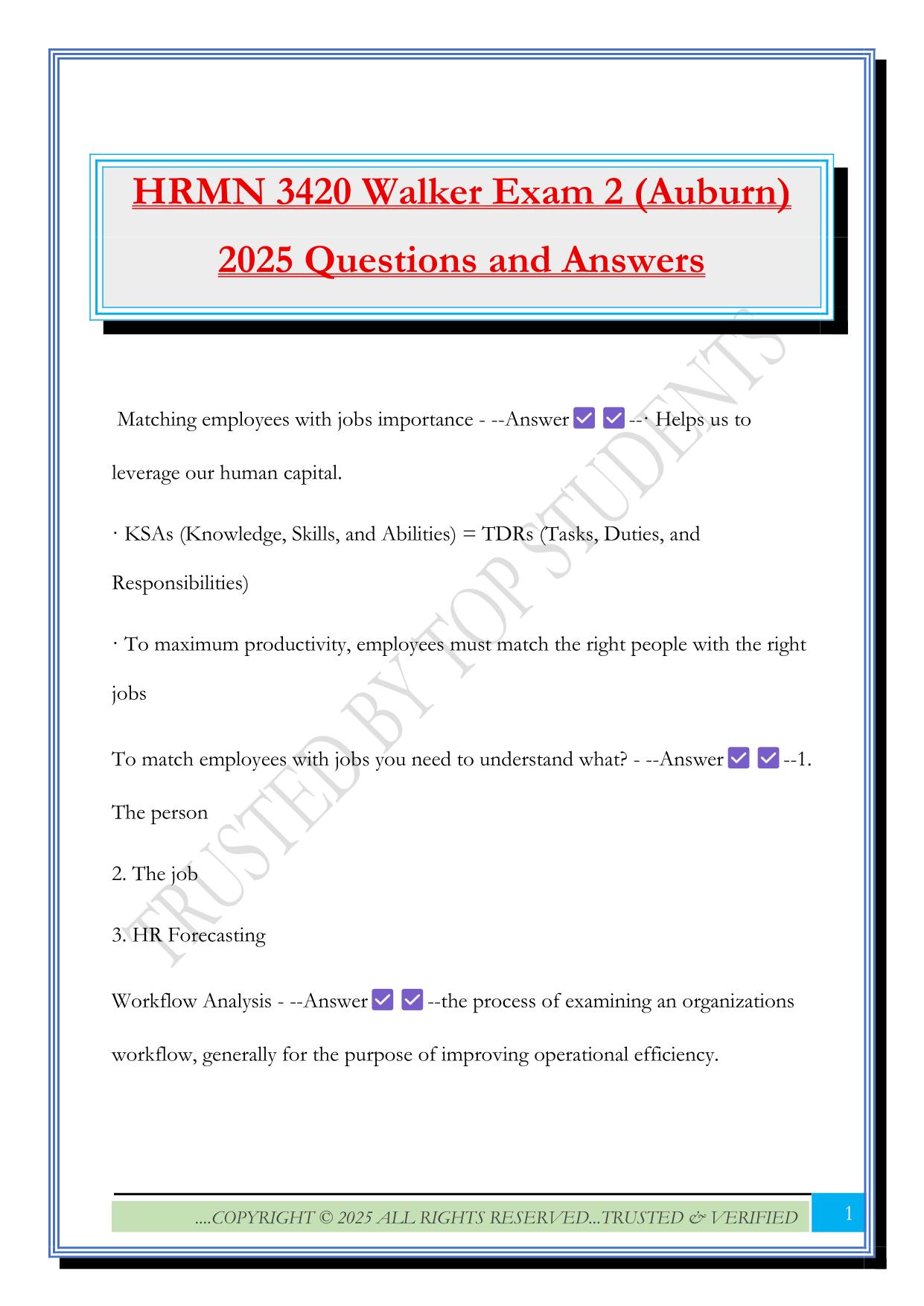 HRMN 3420 Walker Exam 2 (Auburn) 2025 Questions and Answers