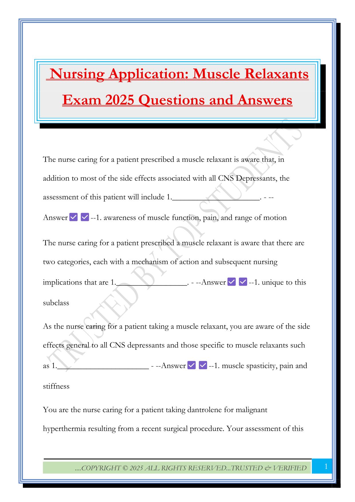 Nursing Application: Muscle Relaxants Exam 2025 Questions and Answers
