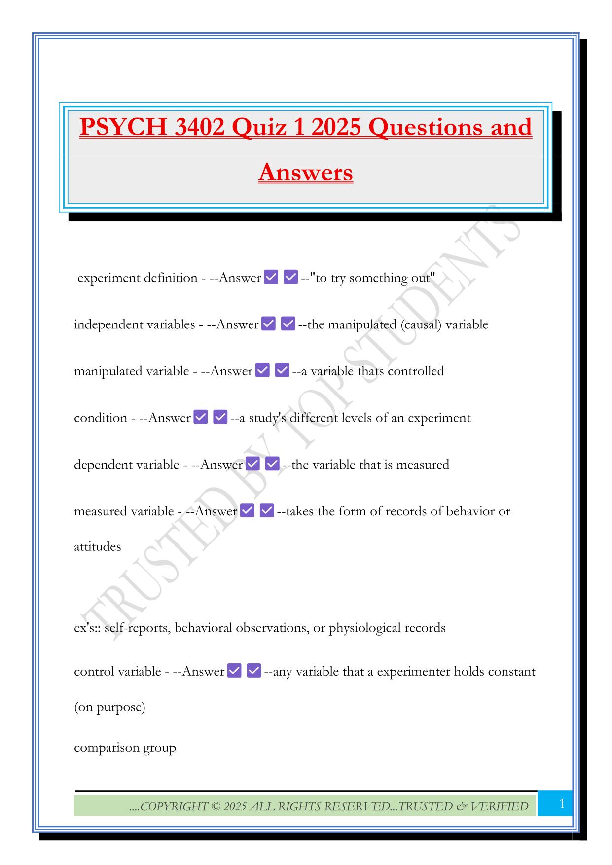 PSYCH 3402 Quiz 1 2025 Questions and Answers
