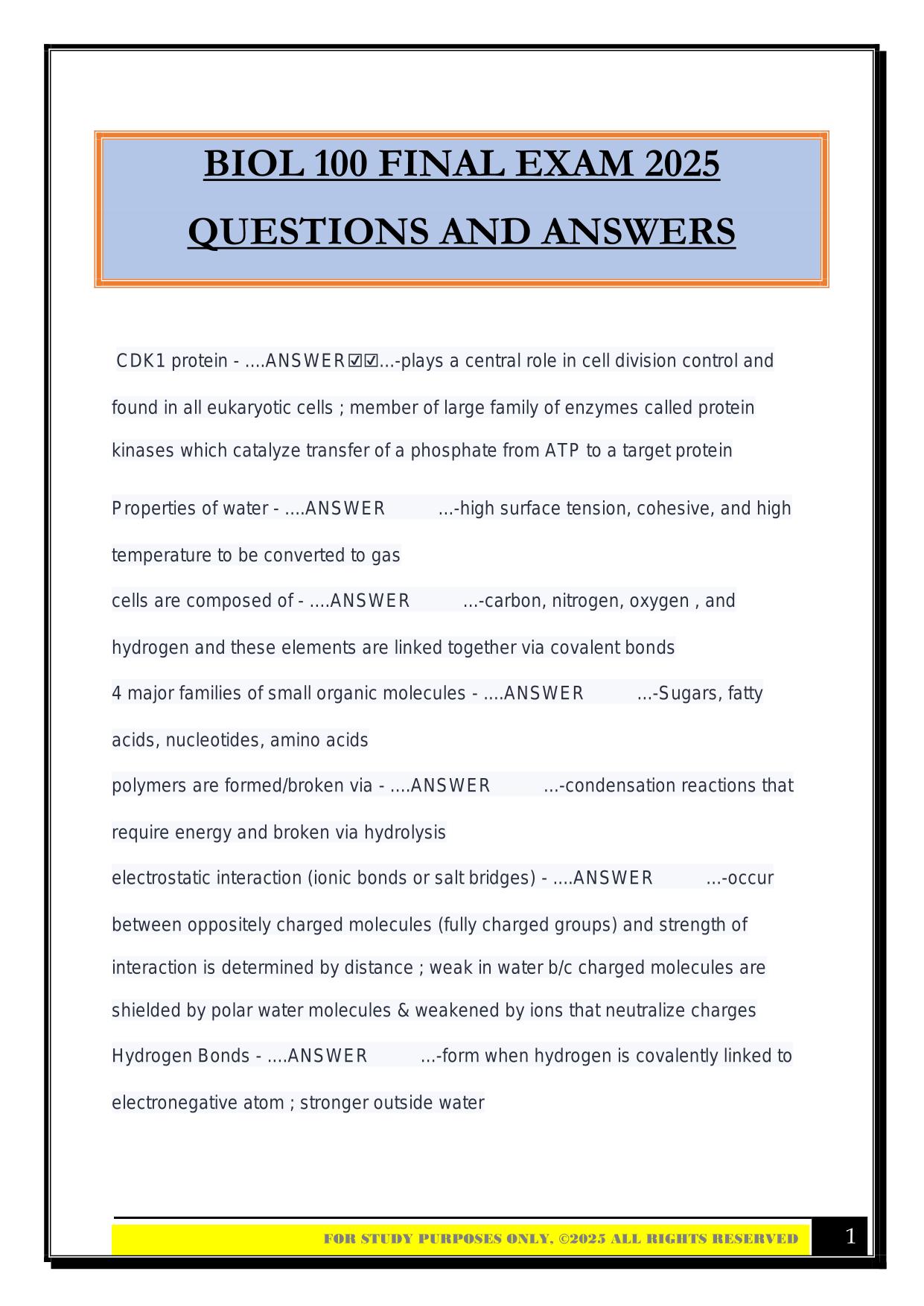 BIOL 100 FINAL EXAM 2025 QUESTIONS AND ANSWERS