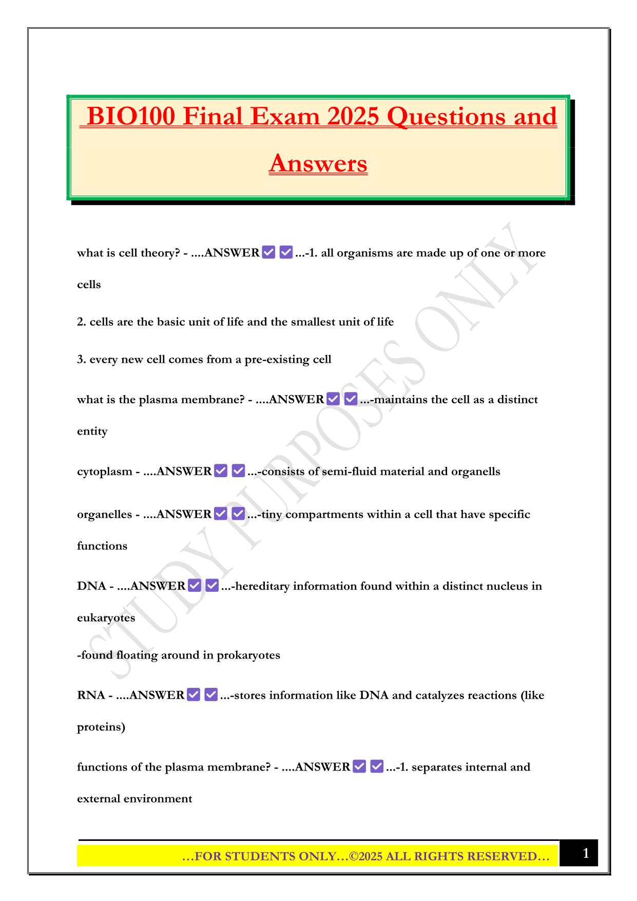 BIO100 Final Exam 2025 Questions and Answers